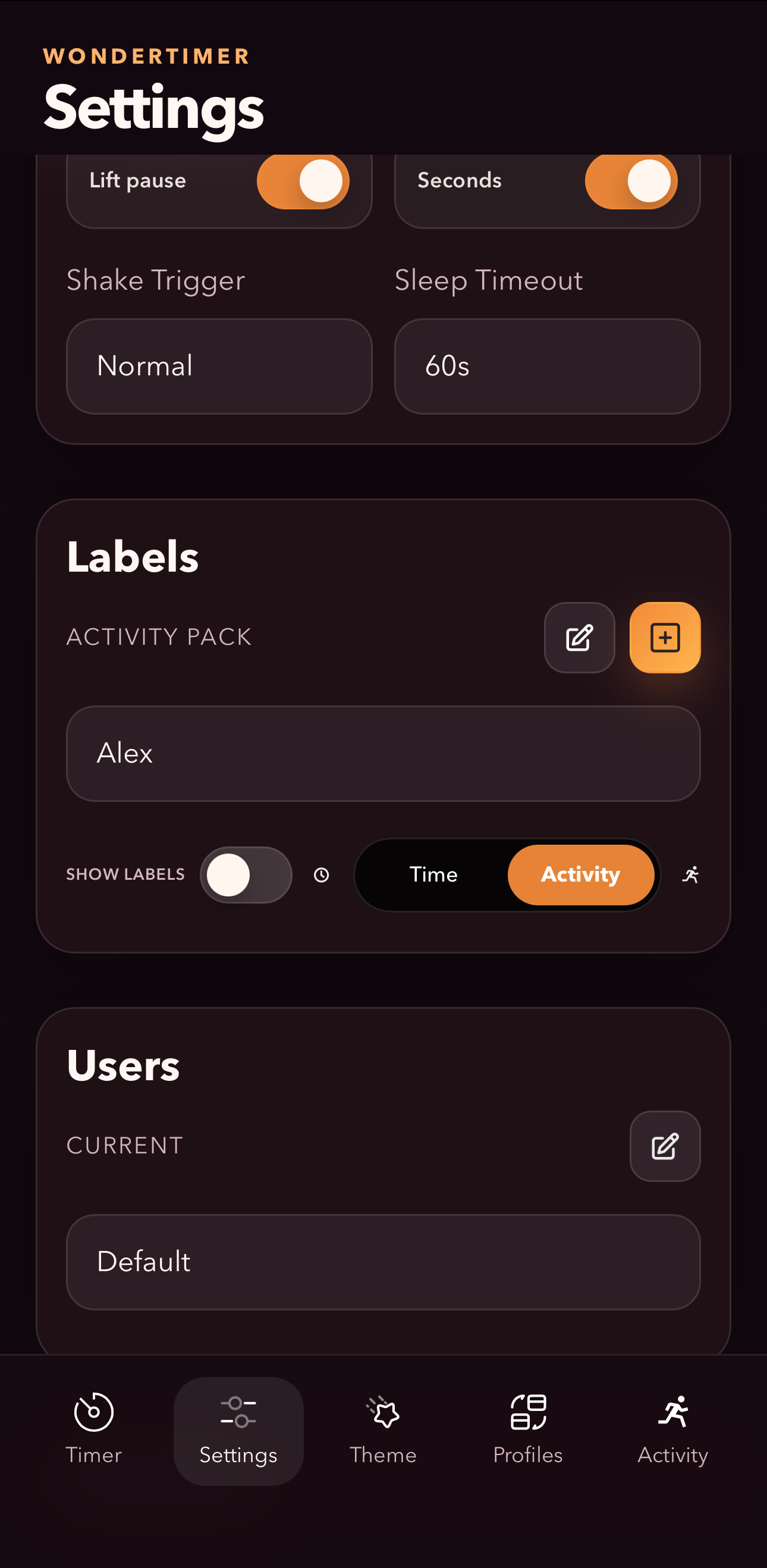 Activity label settings