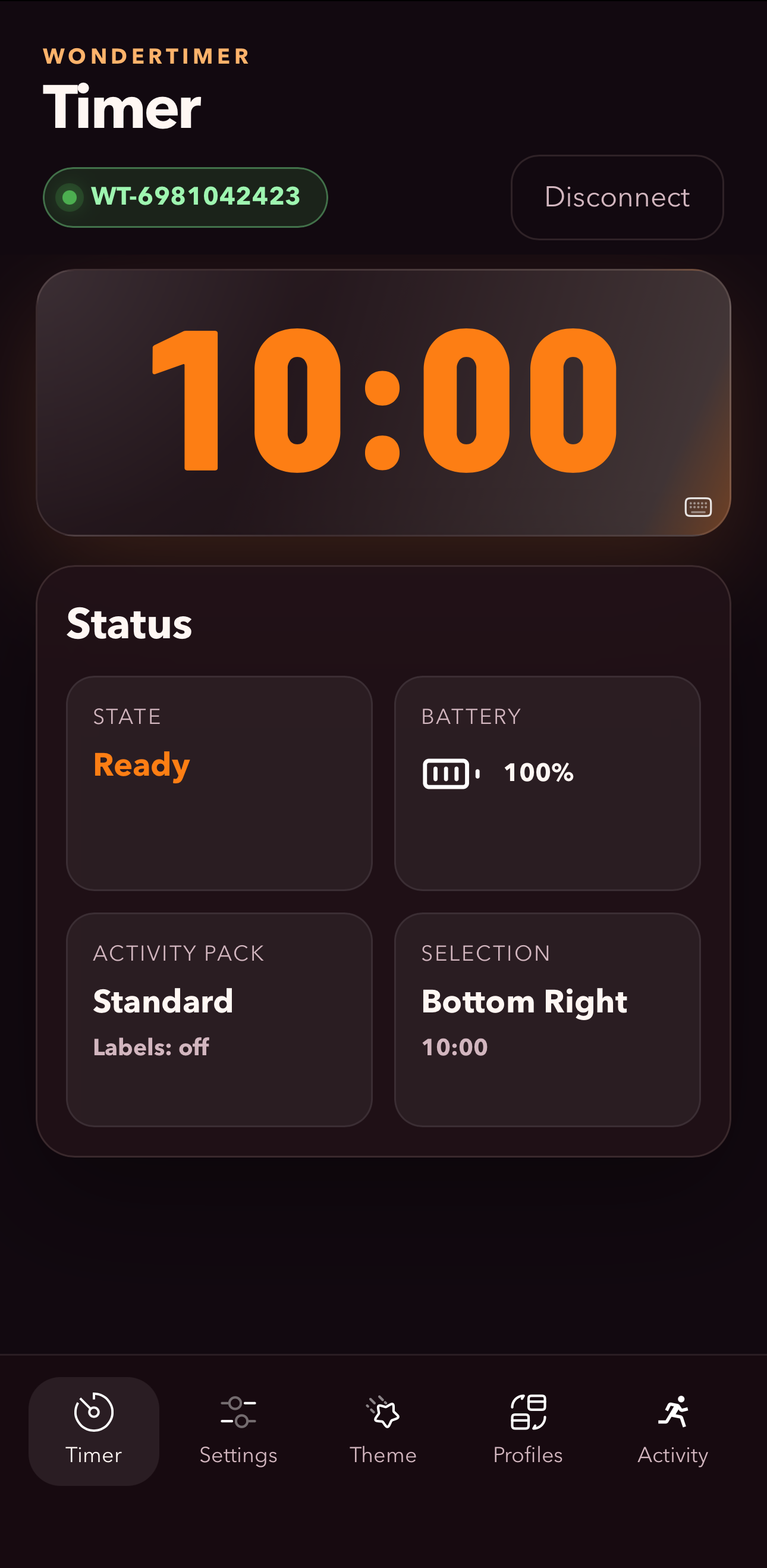 Timer screen on app